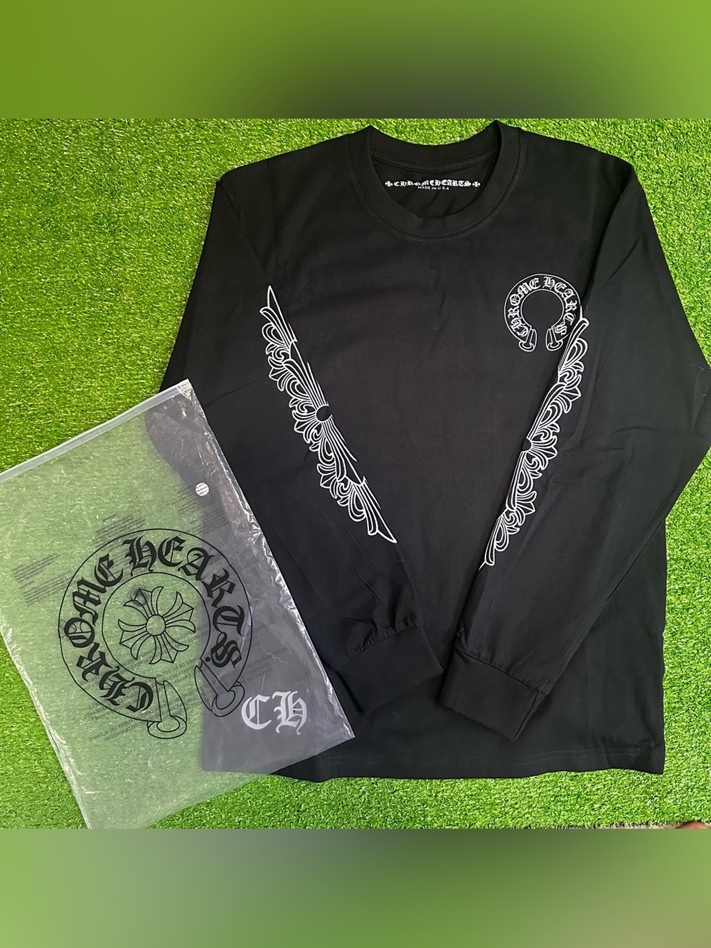 Chrome Hearts Black Long Sleeve Shirt with White Sleeve Flourish